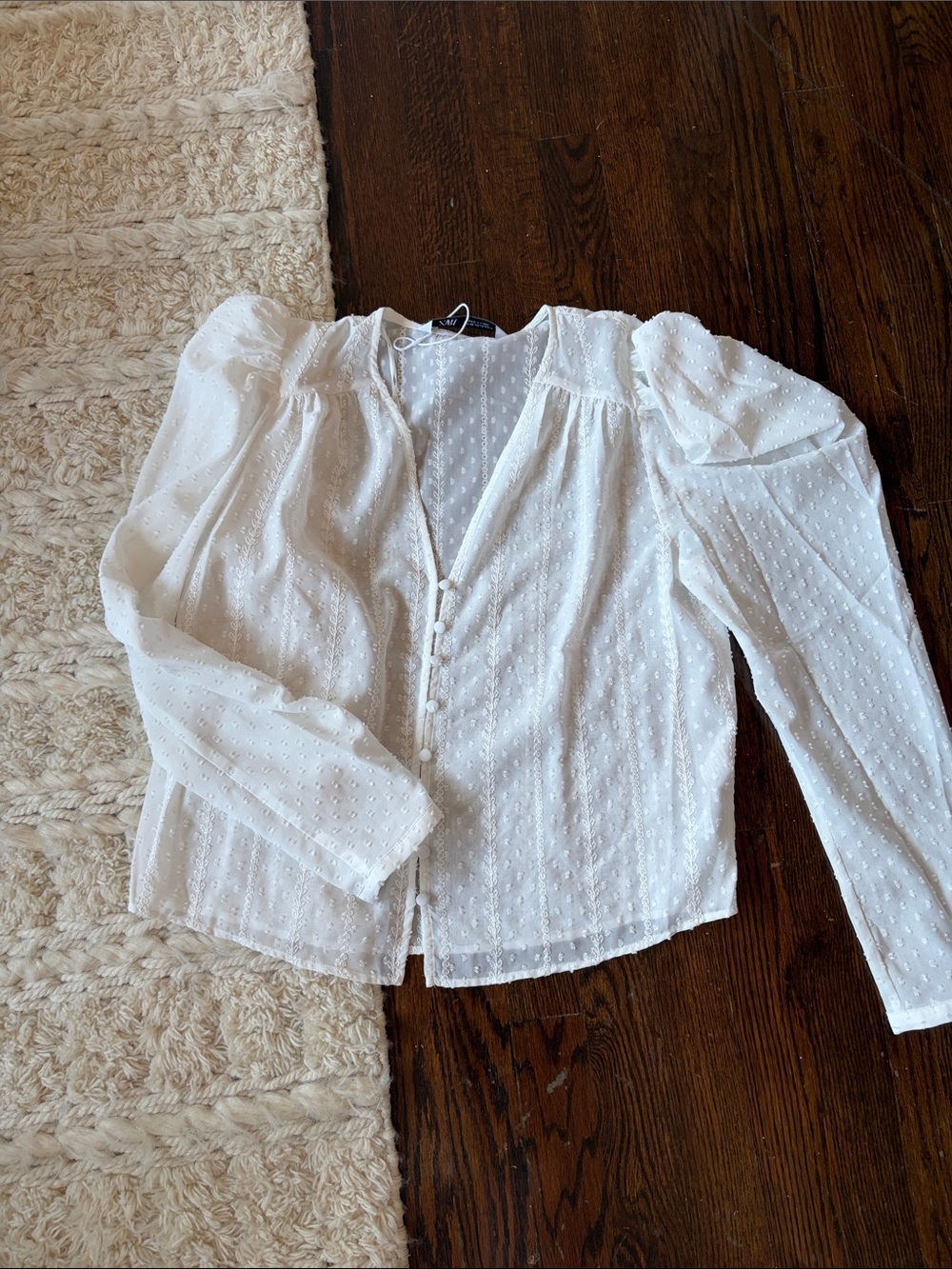 Zara White Puff-Sleeve Swiss Dot Blouse